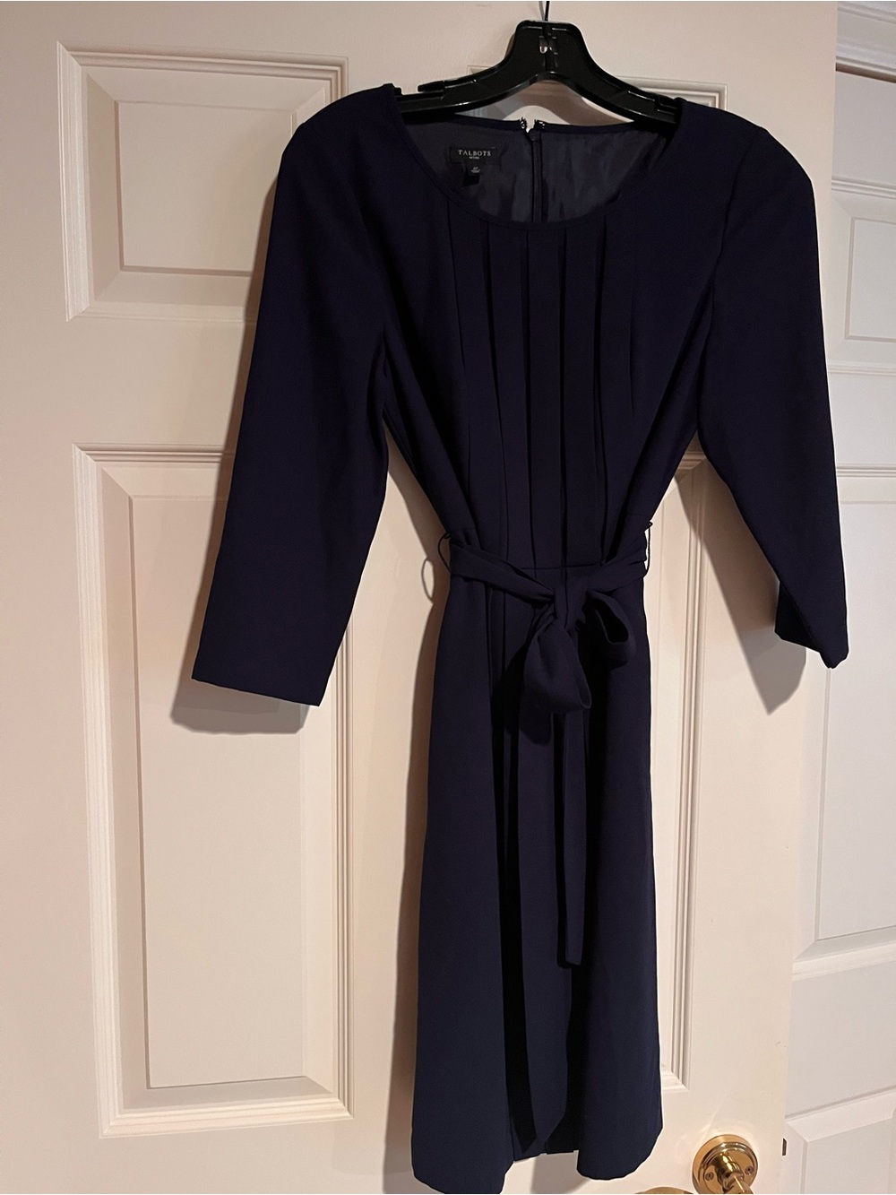 Talbots Petite Navy Blue Pleated Sheath Silhouette Dress